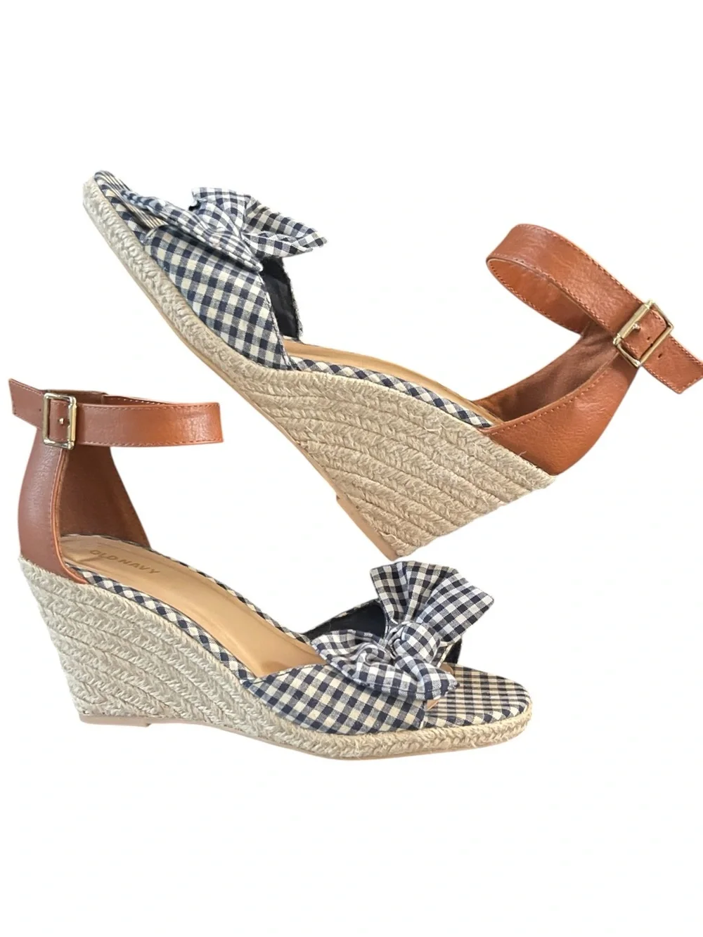 Old Navy Gingham Bow-Tie Espadrille Wedges navy and white checkered bow 8.5